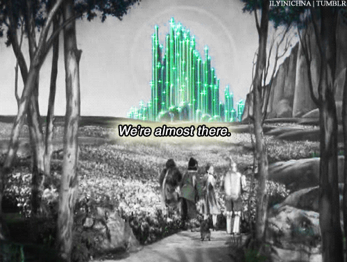 Wizard Of Oz Gif: Dorothy & gand see Oz and proclaim "we're almost there!"